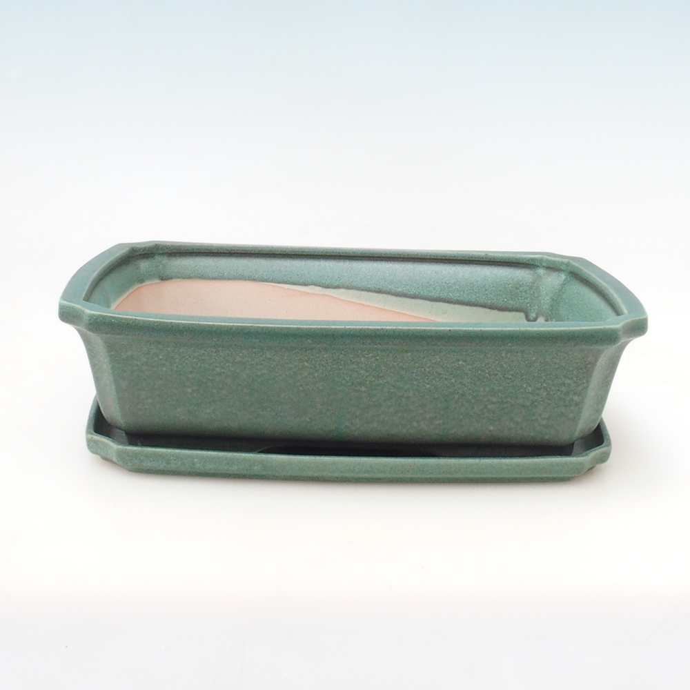 Bonsai pot + saucer H07 - 30 x 20.5 x 8 cm. - green