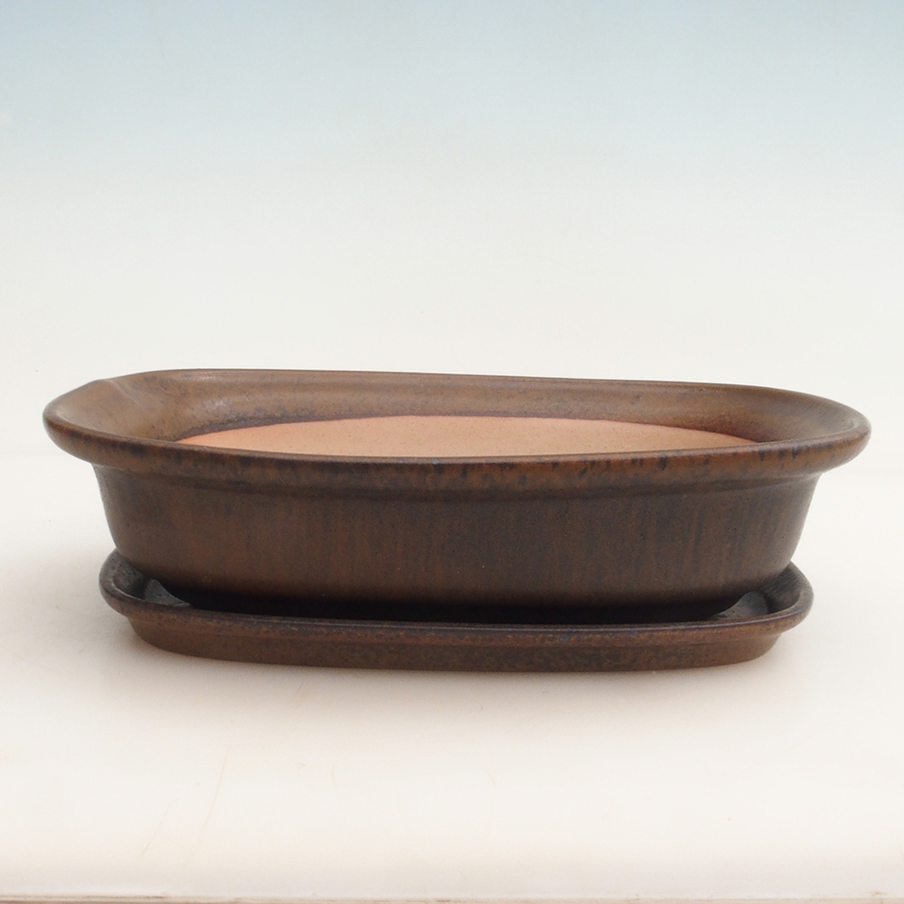 Bonsai bowl + saucer H25 - 23 x 17 x 5.5 cm. - brown