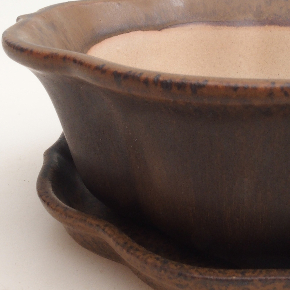 Bonsai bowl + saucer H06 - 14.5 x 14.5 x 5 cm. - brown