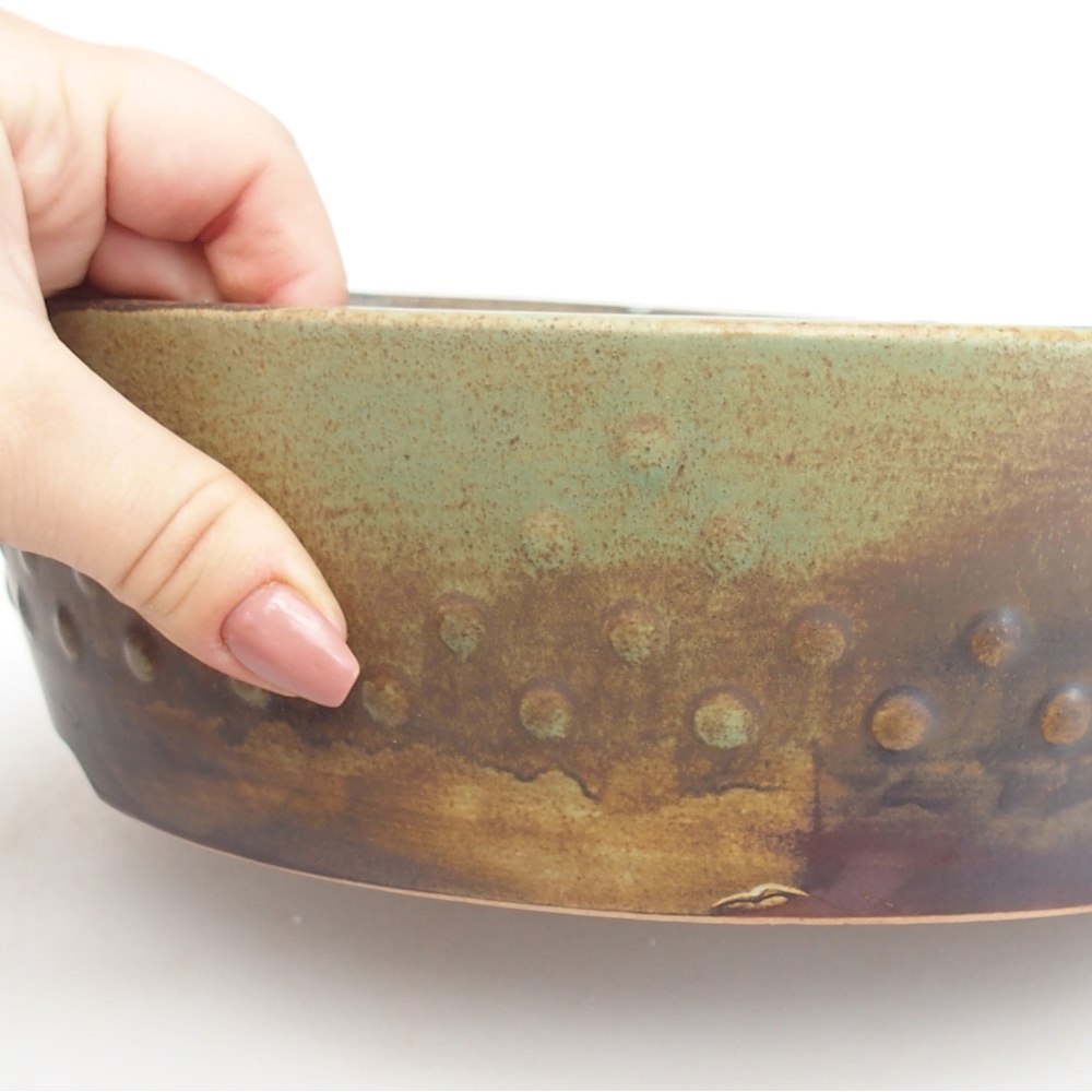 Ceramic bonsai bowl 24,5 x 24,5 x 7,5 cm, green-brown