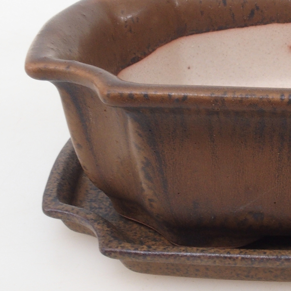 Bonsai pot + saucer H03 - 16.5 x 12 x 4.5 cm. - brown