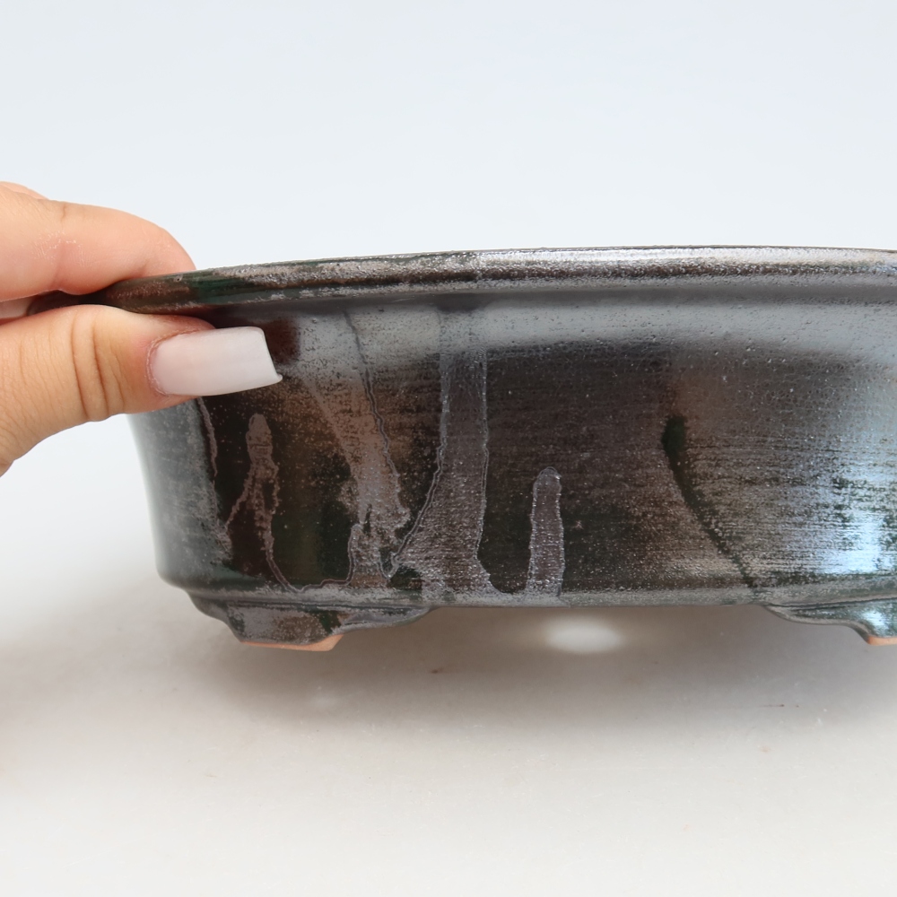 Ceramic bonsai pot, 22 x 17.5 x 6.5 cm, metallic green