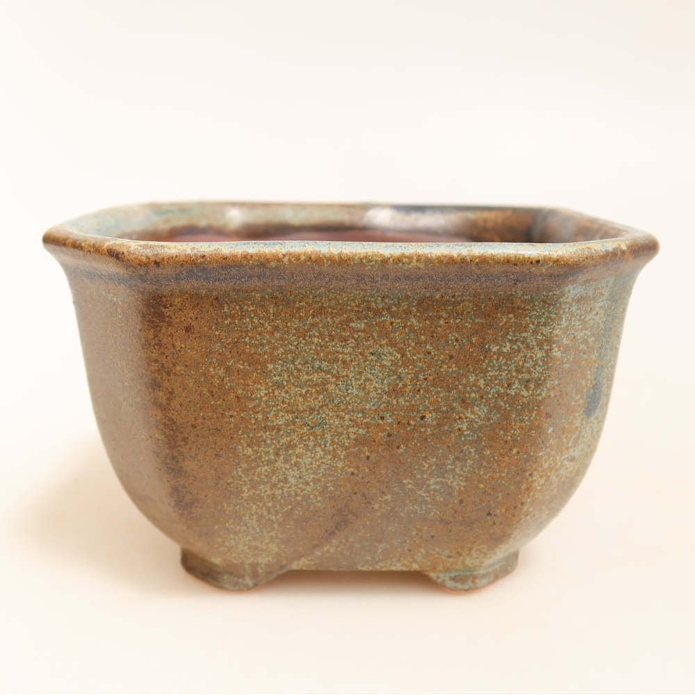Ceramic bonsai pot, 10 x 10 x 6.5 cm, brown-green