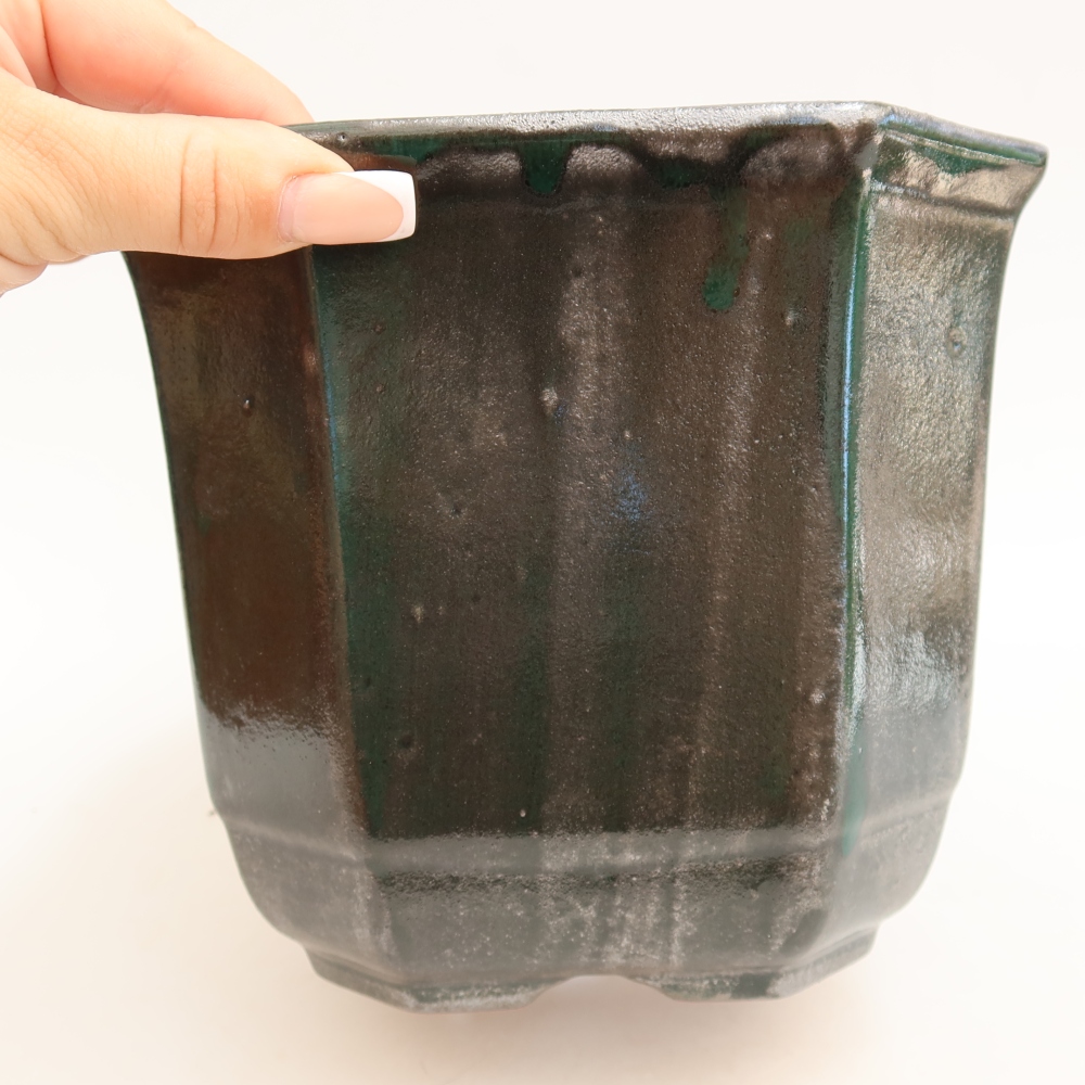 Ceramic bonsai pot, 17.5 x 17.5 x 15.5 cm, metallic green