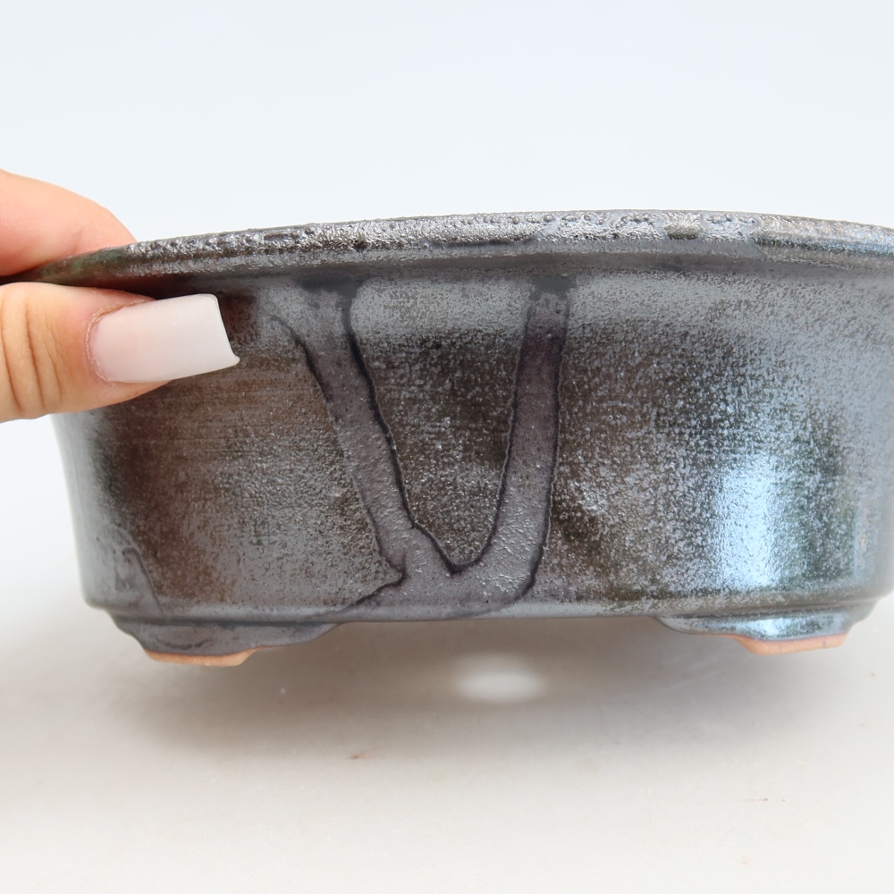 Ceramic bonsai pot, 19.5 x 15.5 x 6.5 cm, metallic green
