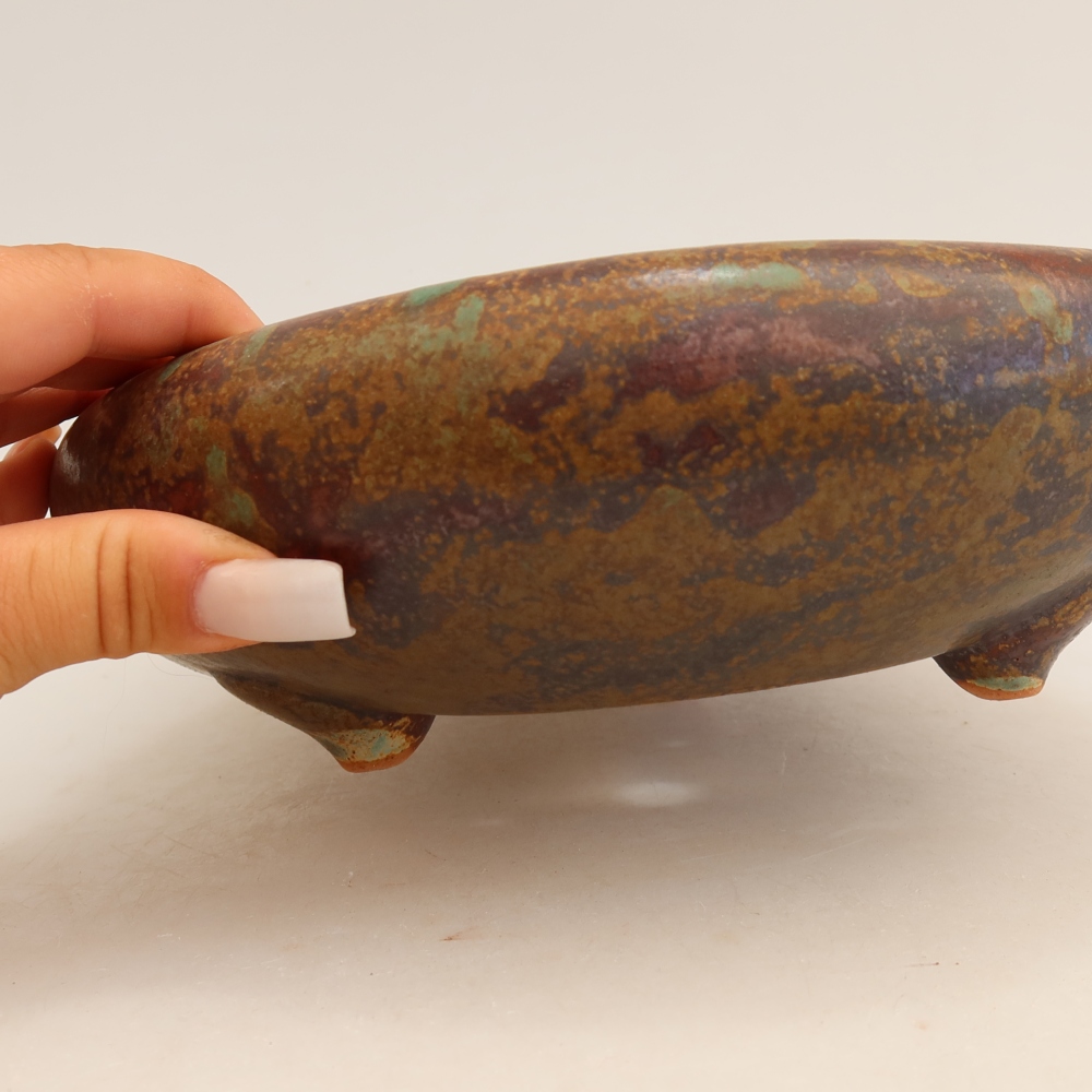 Ceramic bonsai pot, 20.5 x 20.5 x 7 cm, greenish-brown