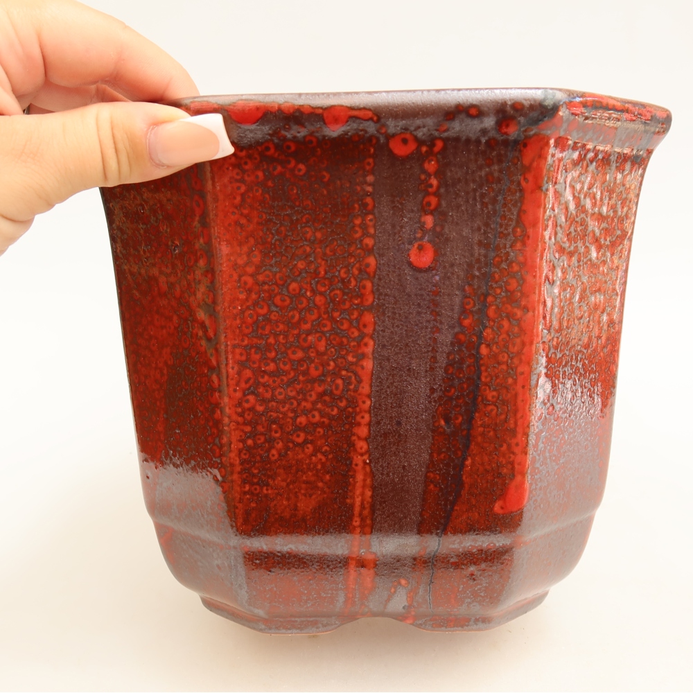 Ceramic bonsai pot, 17.5 x 17.5 x 15.5 cm, red