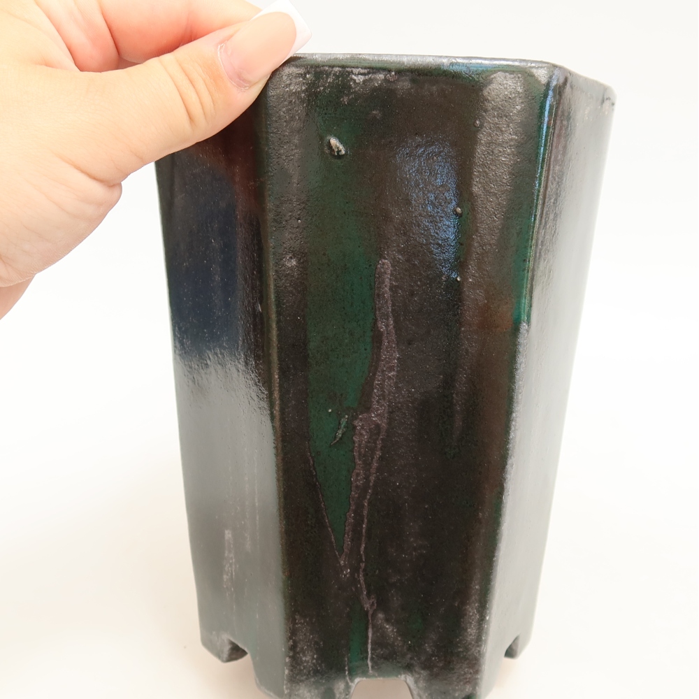 Ceramic bonsai pot, 13 x 12 x 17 cm, metallic green
