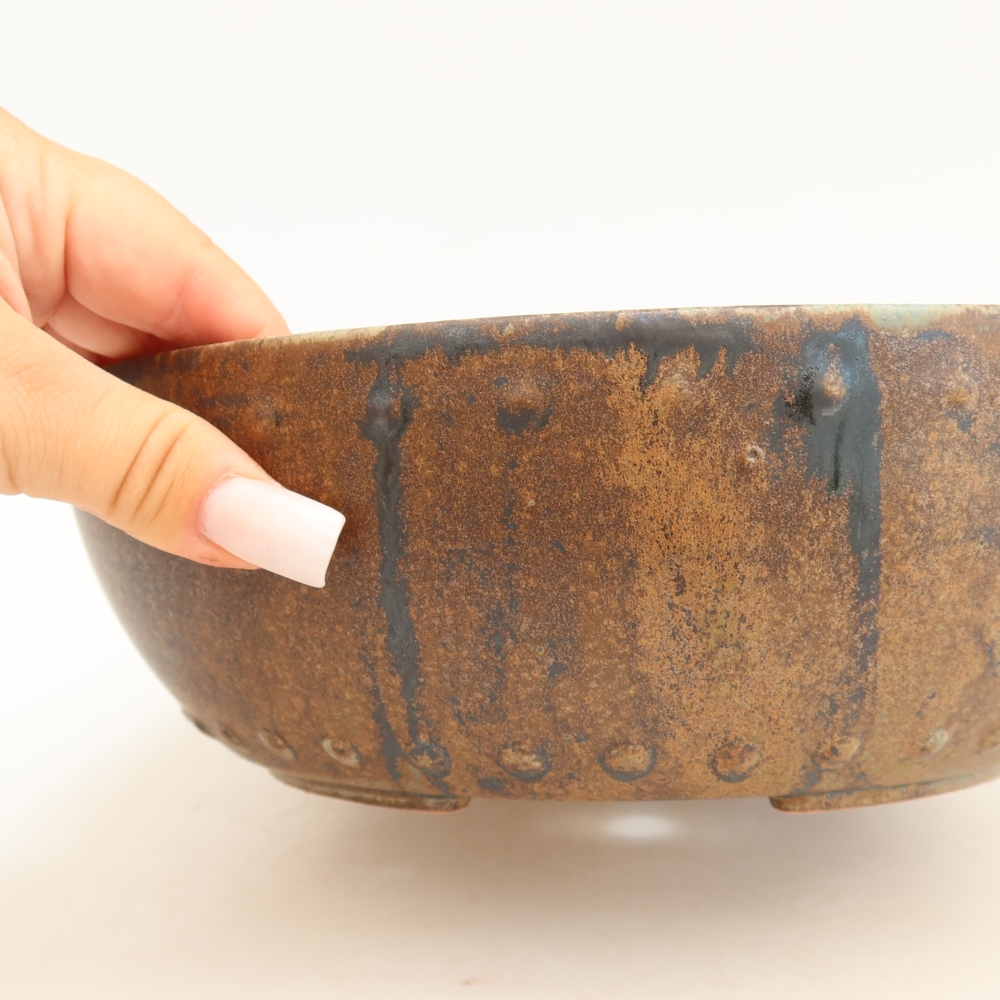 Ceramic bonsai pot, 24.5 x 24.5 x 7.5 cm, brown-green