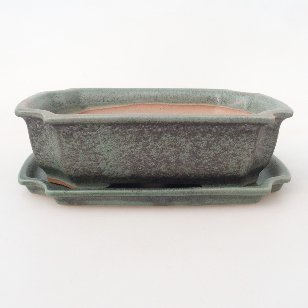 Bonsai pot + saucer H03 - 16.5 x 12 x 4.5 cm. - green