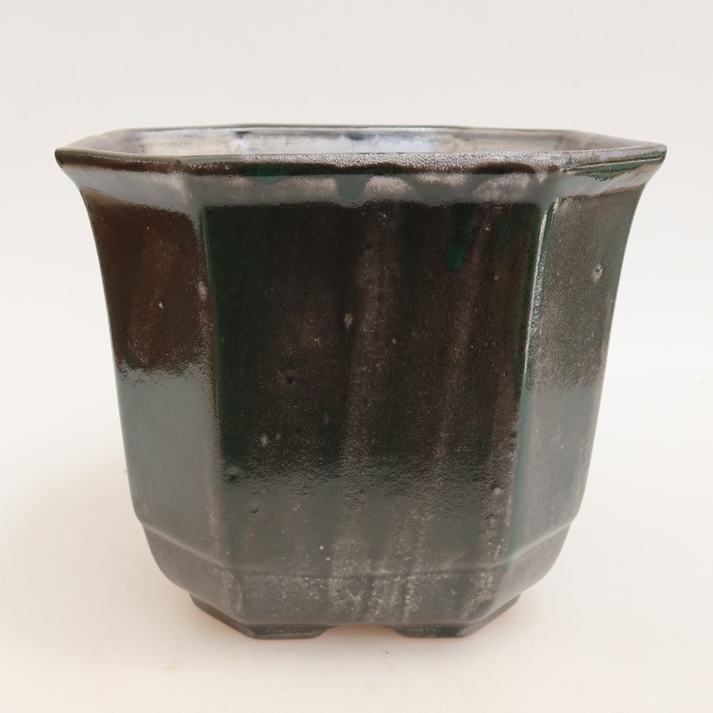 Ceramic bonsai pot, 17.5 x 17.5 x 15.5 cm, metallic green