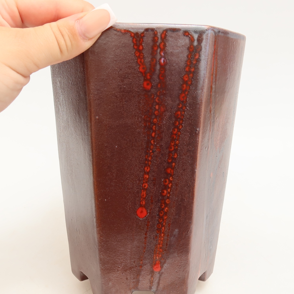 Ceramic bonsai pot, 13 x 12 x 17 cm, metallic red