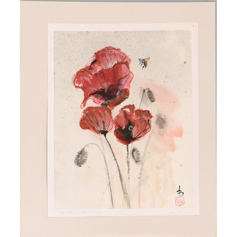 Calligraphy - A Bee and Poppies 