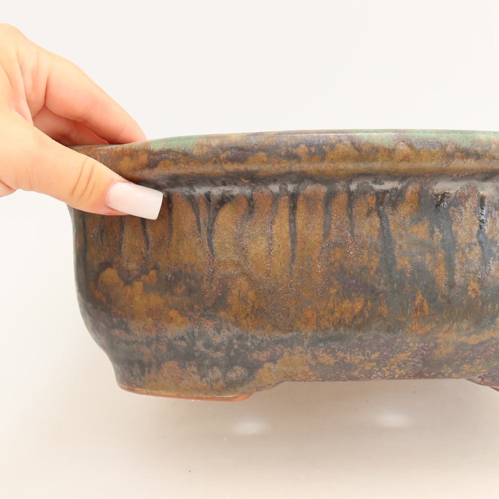 Ceramic bonsai pot, 30.5 x 25.5 x 10.5 cm, brown-green