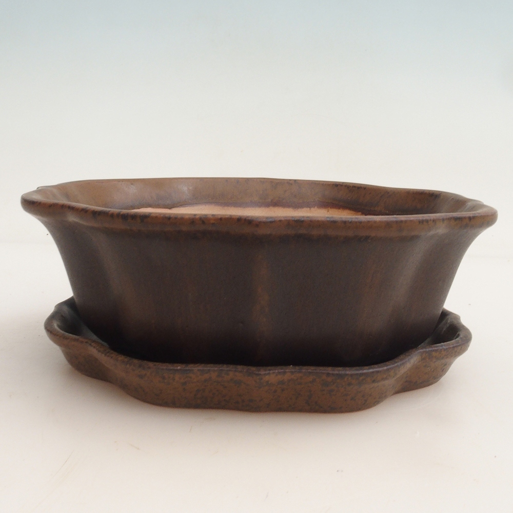 Bonsai bowl + saucer H06 - 14.5 x 14.5 x 5 cm. - brown