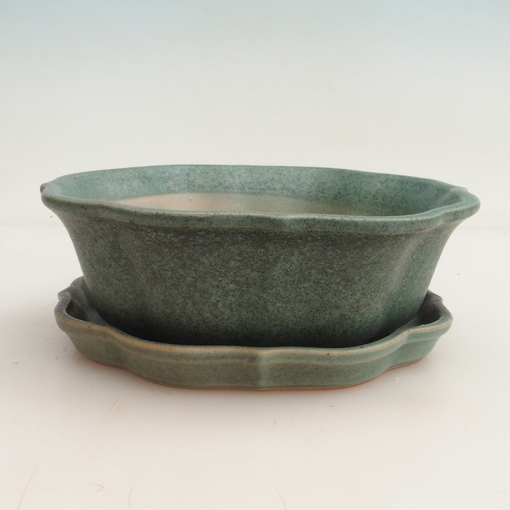 Bonsai bowl + saucer H06 - 14.5 x 14.5 x 5 cm. - green