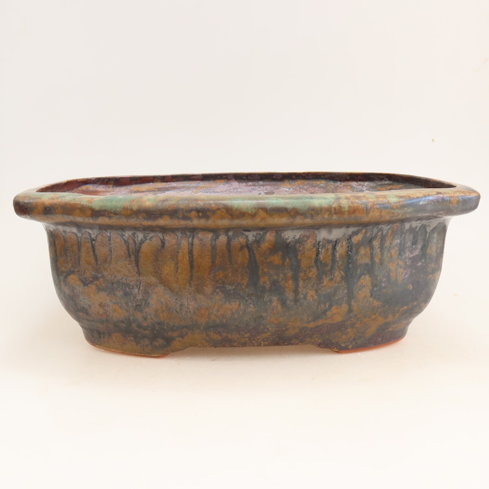 Ceramic bonsai pot, 30.5 x 25.5 x 10.5 cm, brown-green