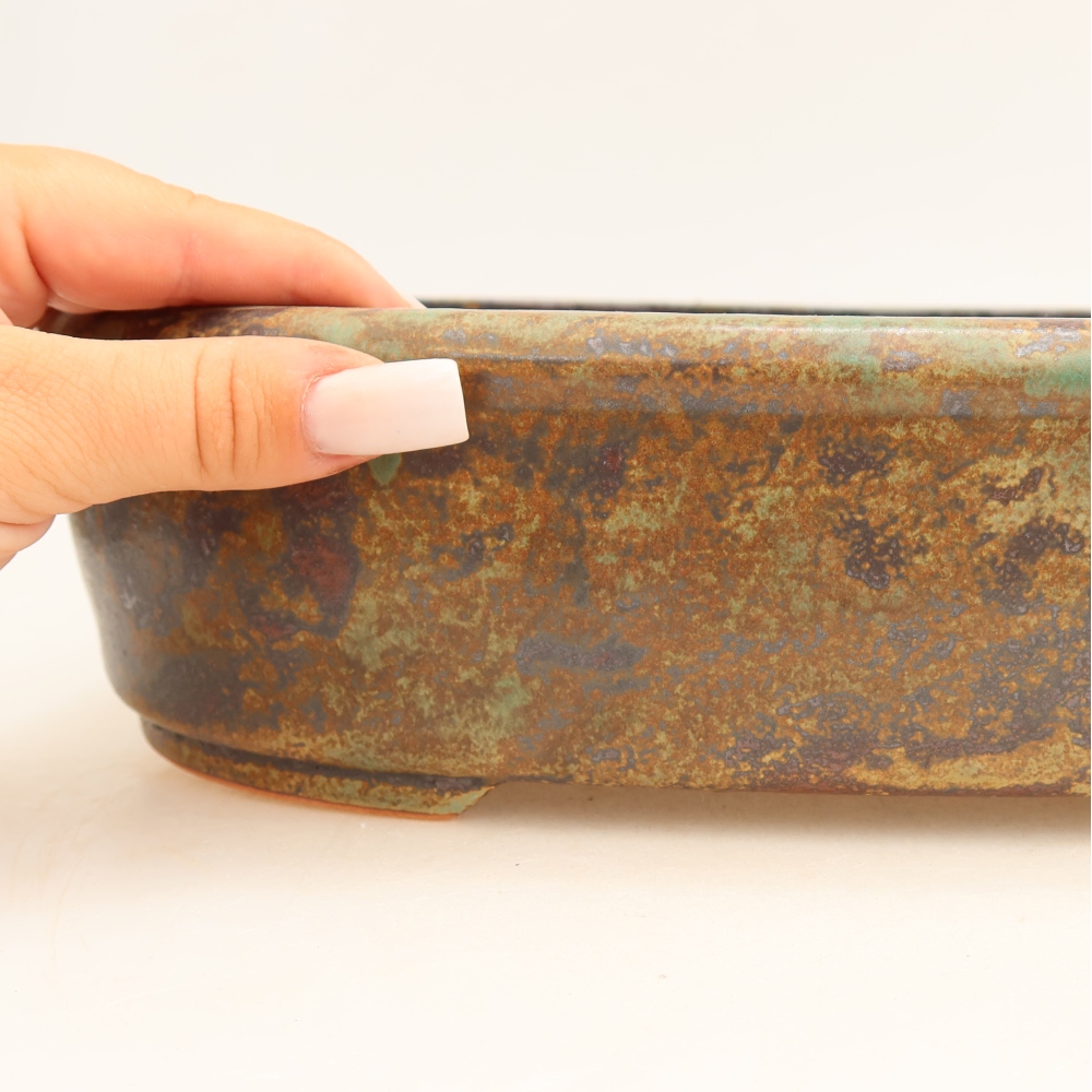 Ceramic bonsai pot, 31.5 x 24 x 8 cm, brown-green