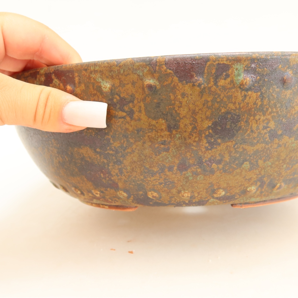 Ceramic bonsai pot, 24.5 x 24.5 x 7.5 cm, brown-green