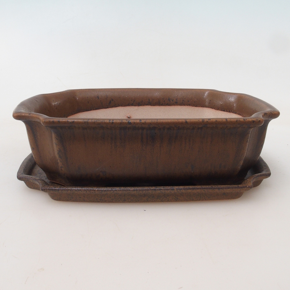 Bonsai pot + saucer H03 - 16.5 x 12 x 4.5 cm. - brown