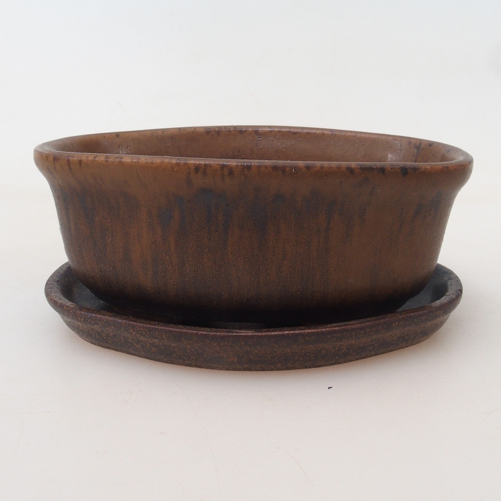 Bonsai pot + saucer H05 - 11 x 8 x 4 cm. - brown