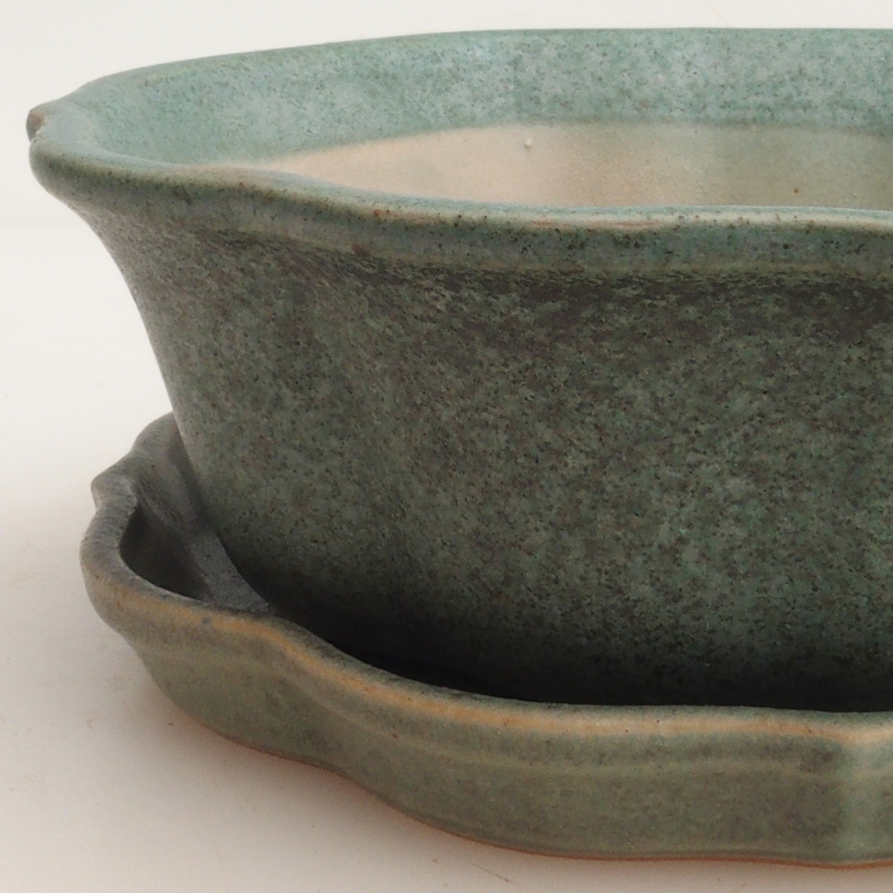 Bonsai bowl + saucer H06 - 14.5 x 14.5 x 5 cm. - green
