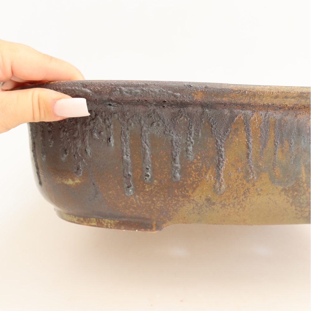 Ceramic bonsai pot, 36 x 30 x 9 cm, brown-green