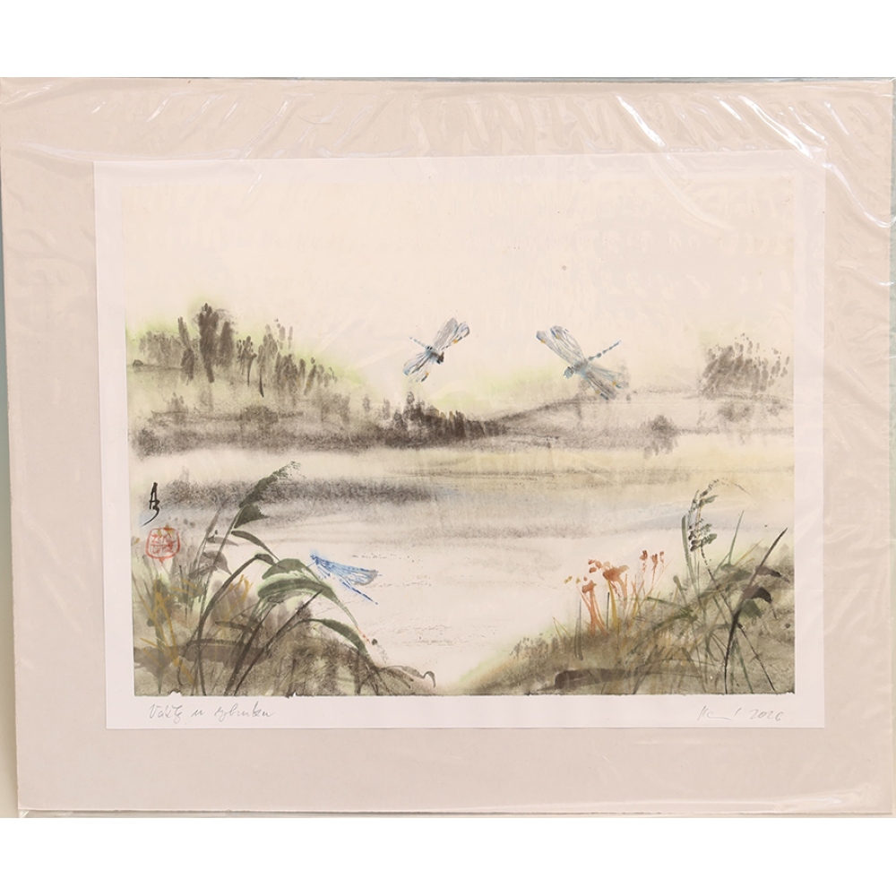 Calligraphy - Dragonflies by the Pond