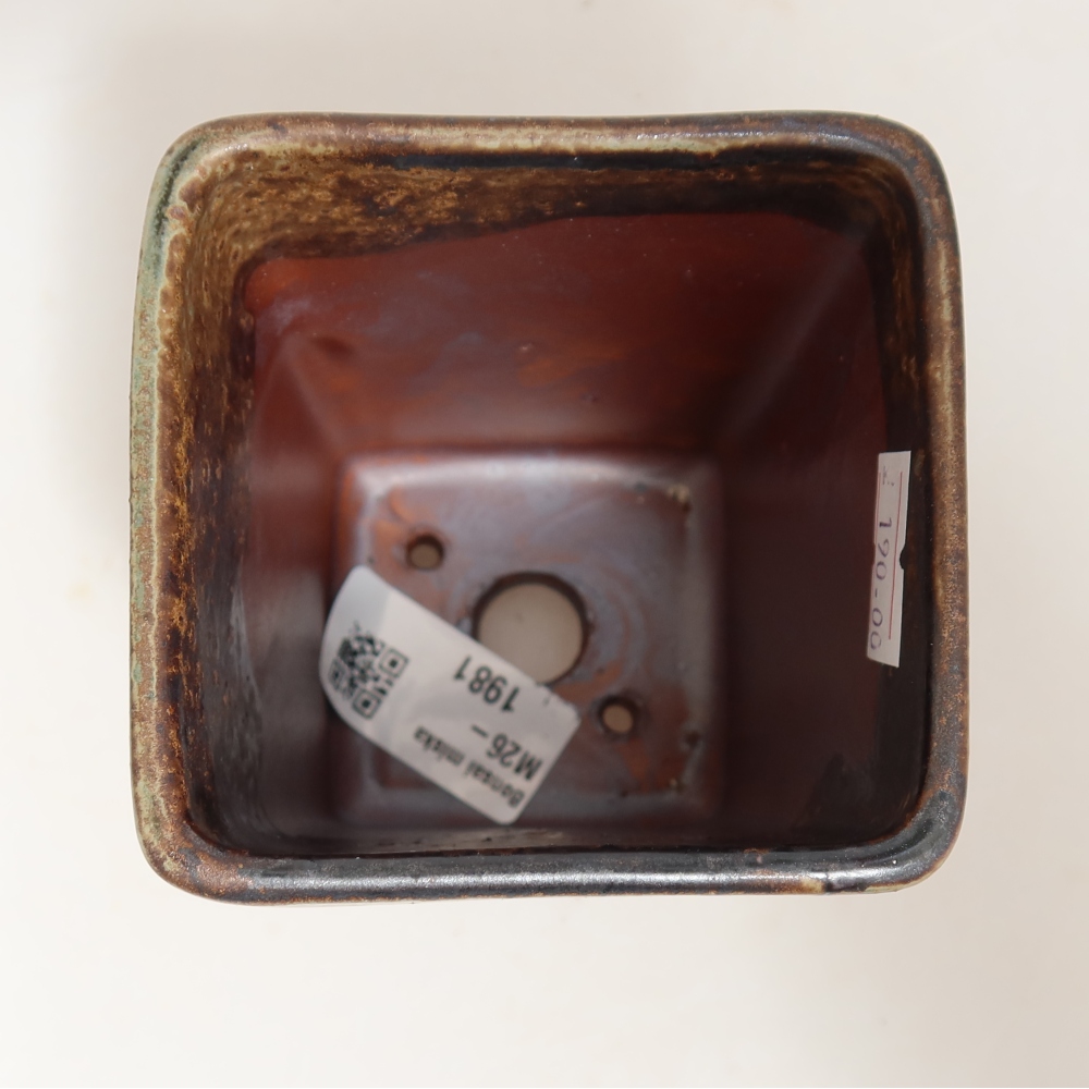 Ceramic bonsai pot, 7.5 x 7.5 x 10.5 cm, brown-green