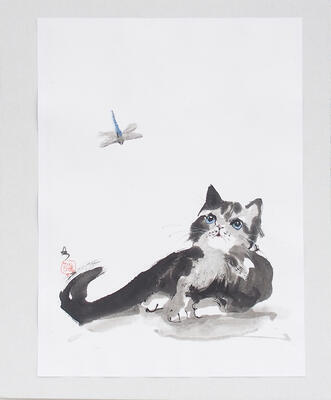 Calligraphy - Cat with a dragonfly