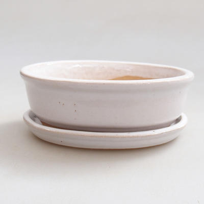 Bonsai bowl, tray H04 - bowl 10 x 7,5 x 3,5 cm, tray 10 x 7,5 x 1 cm, white - 1
