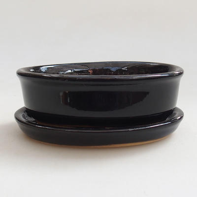 Bonsai bowl, tray H04 - bowl 10 x 7,5 x 3,5 cm, tray 10 x 7,5 x 1 cm, black glossy - 1
