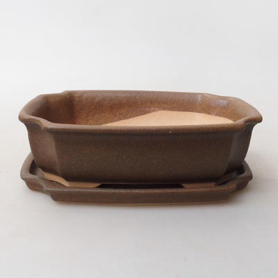 Bonsai bowl + saucer H17 - bowl 14.5 x 10.5 x 4.5 cm, saucer 14.5 x 10 x 1 cm, Brown