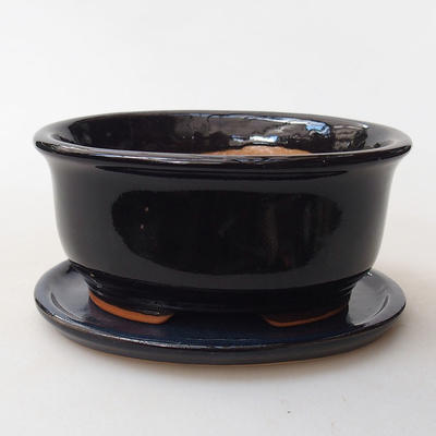 Bonsai bowl tray H 30 - bowl 12 x 10 x 5 cm, tray 12 x 10 x 1 cm, black glossy bowl 12 x 10 x 5 cm, saucer 12 x 10 x 1 cm