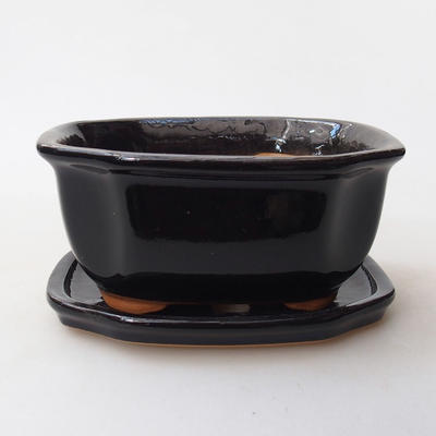 Bonsai bowl tray H32 - bowl 12.5 x 10.5 x 6 cm, tray 12.5 x 10.5 x 1 cm, black glossy - 12.5 x 10.5 x 6 cm, saucer 12.5 x 10.5 x 1 cm