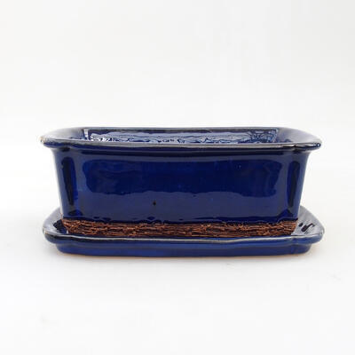 Bonsai bowl + saucer H 50 - bowl 16.5 x 12 x 6 cm, saucer 17 x 12.5 x 1.5 cm, Blue scratched - 1