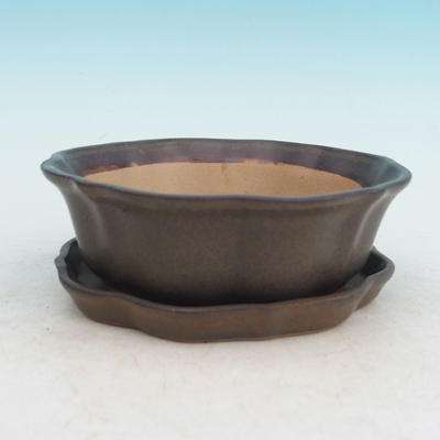 Bonsai bowl tray H06 - bowl 14,5 x 14,5 x 4,5, tray 13,5 x 13,5 x 1,5 cm, brown - bowl 14,5 x 14,5 x 4,5, tray 13,5 x 13,5 x 1,5 cm - 1