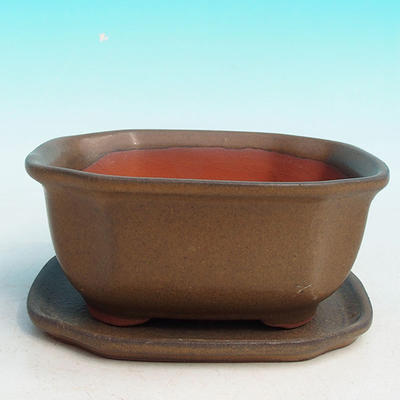 Bonsai bowl tray H32 - bowl 12.5 x 10.5 x 6 cm, tray 12.5 x 10.5 x 1 cm, brown bowl 12.5 x 10.5 x 6 cm, tray 12.5 x 10.5 x 1 cm - 1